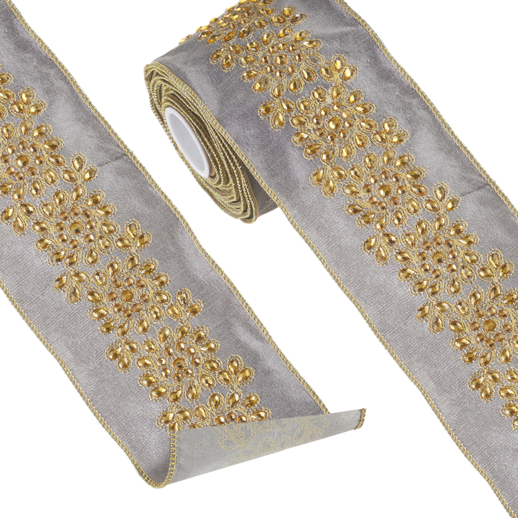 4" X 5 Yds Grey with Gold Jewels Wired Ribbon