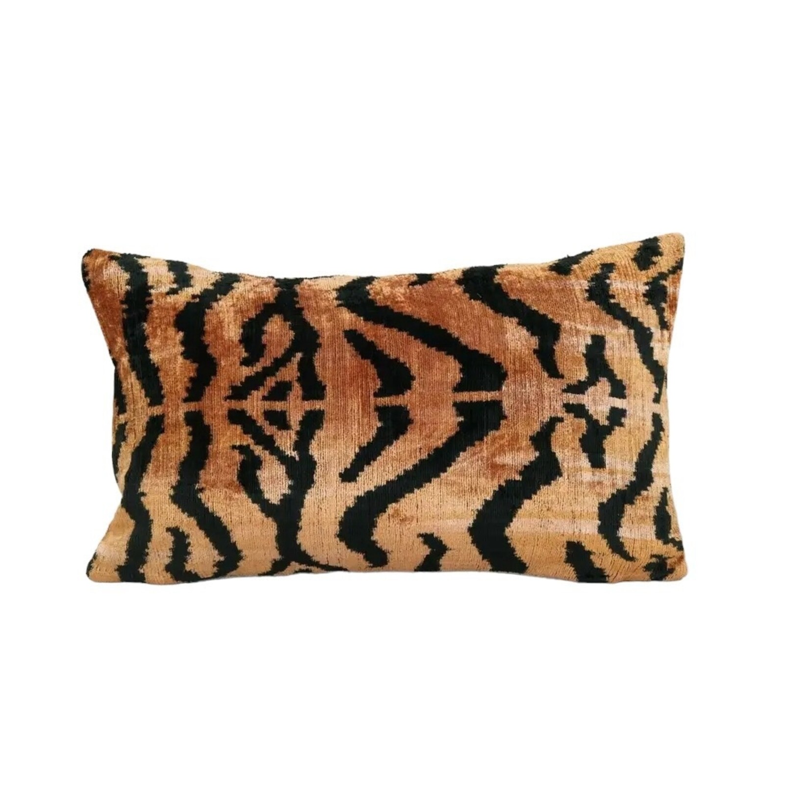 Vintage - Handmade Tiger Ikat Velvet Pillow, Uzbek Silk Handloom Large Lumber