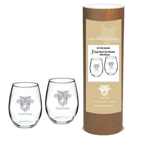 Two, 15 oz. West Point Deep Etched Stemless Wine Glasses in Tube