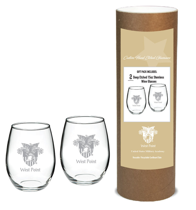 Two, 15 oz. West Point Deep Etched Stemless Wine Glasses in Tube
