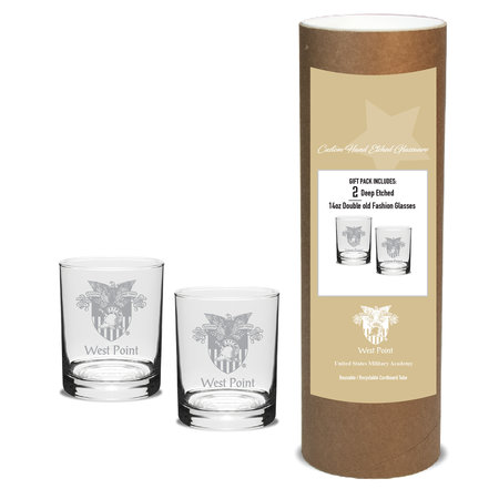 Two, 14 oz. West Point Deep Etched Old Fashioned Glasses in Tube