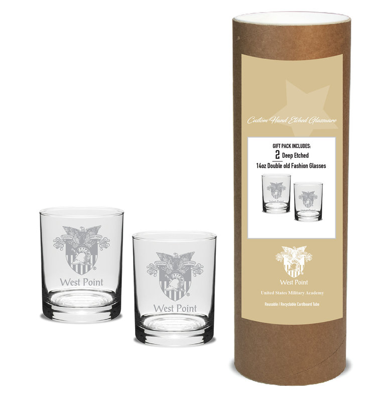 Two, 14 oz. West Point Deep Etched Old Fashioned Glasses in Tube