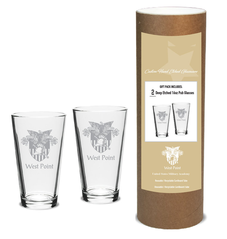 Two 16 oz. West Point Deep Etched Pub Glass in Tube