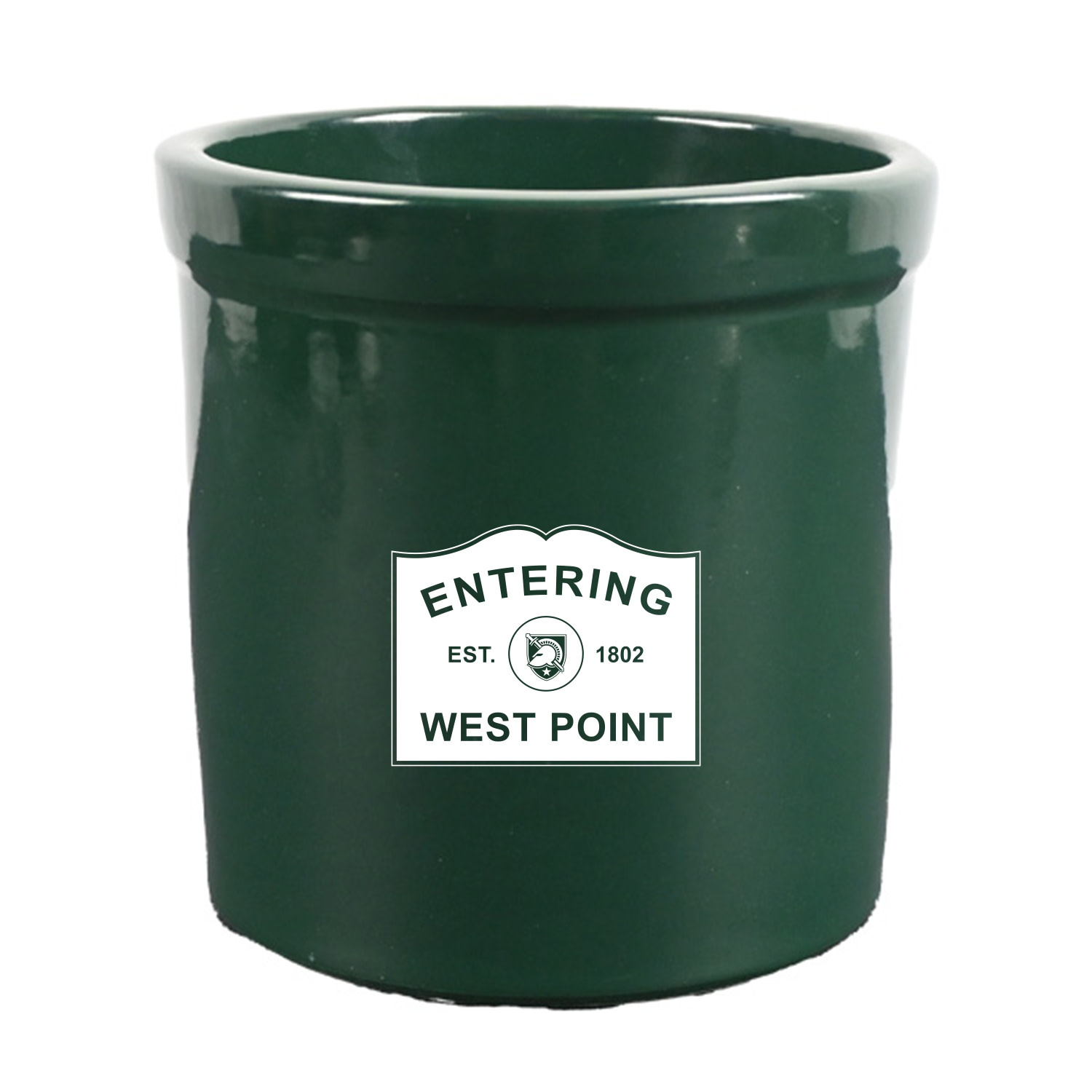 West Point Two Quart Crock, "Entering West Point." Hunter Green