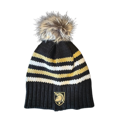 League Collegiate West Point Big Sky Stripe Beanie, with Shield (Faux Fur Pom)