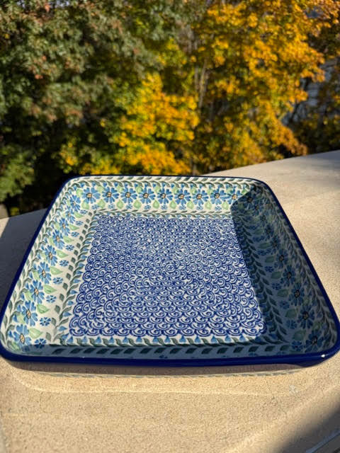 Blue Base Square Shallow Baker, (253), Polish Pottery, 10 x 10
