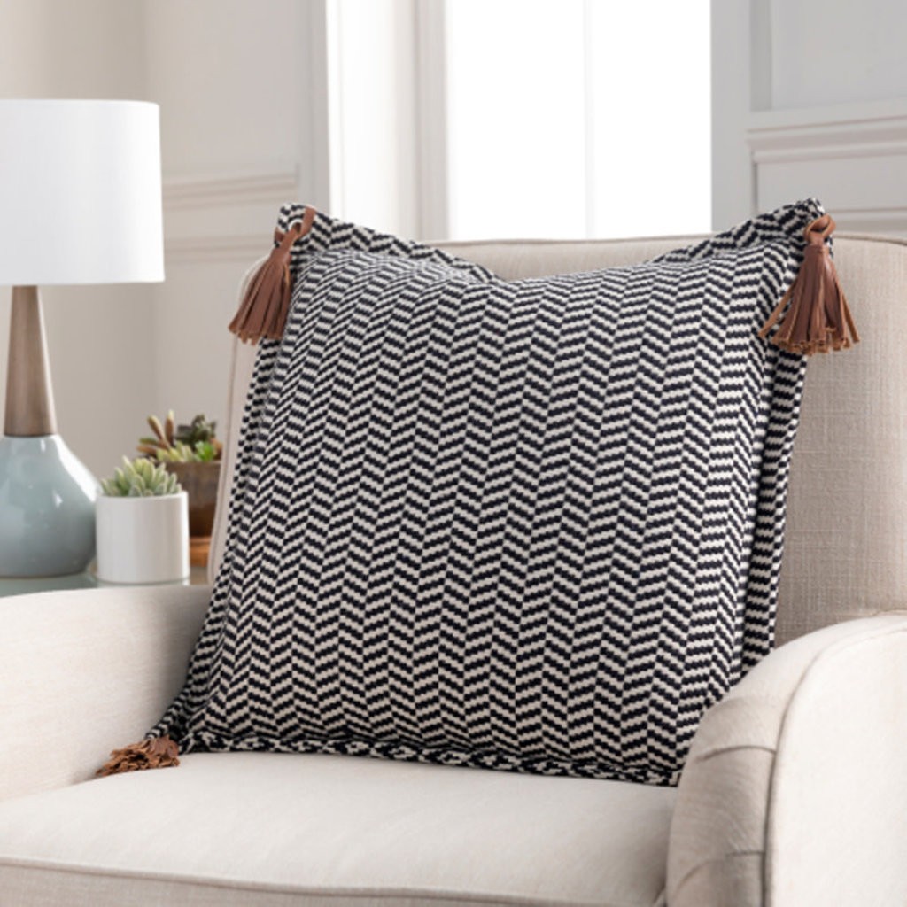 TOBACCO LEATHER TASSLED DOWN FILLED PILLOW 22"