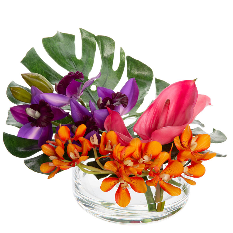 ORCHID & ANTHURIUM FLOWERS W/LEAF IN GLASS