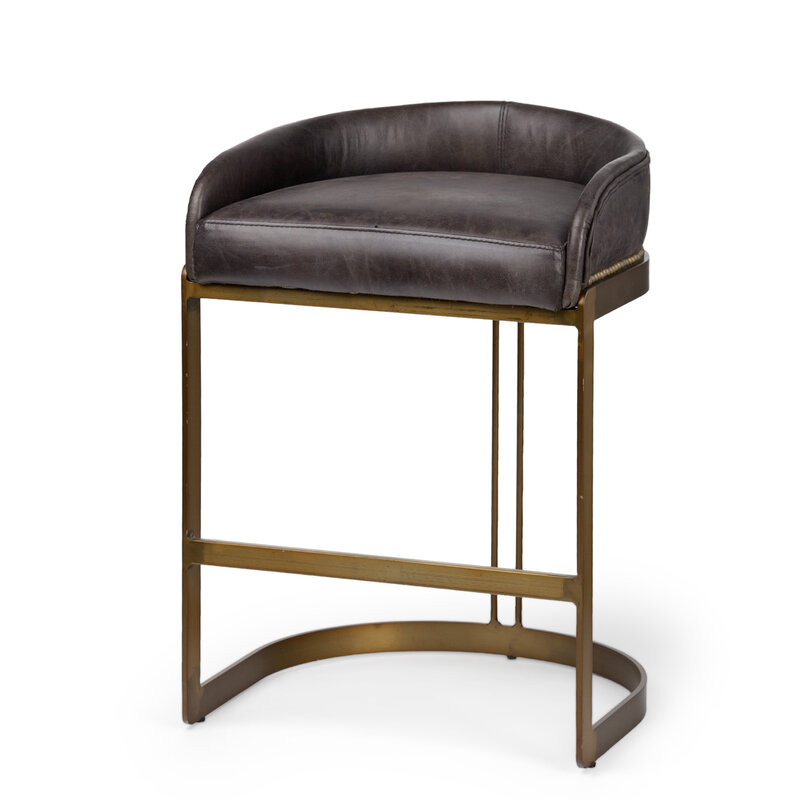 CLUB COUNTER STOOL LEATHER BLACK AND BURNISHED GOLD