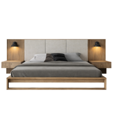 WELLINGTON UPHOLSTERED HEADBOARD BIRCH BED EXTENDED w/ NIGHTSTANDS By HUPPE