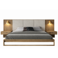 WELLINGTON UPHOLSTERED HEADBOARD BIRCH BED EXTENDED w/ NIGHTSTANDS By HUPPE