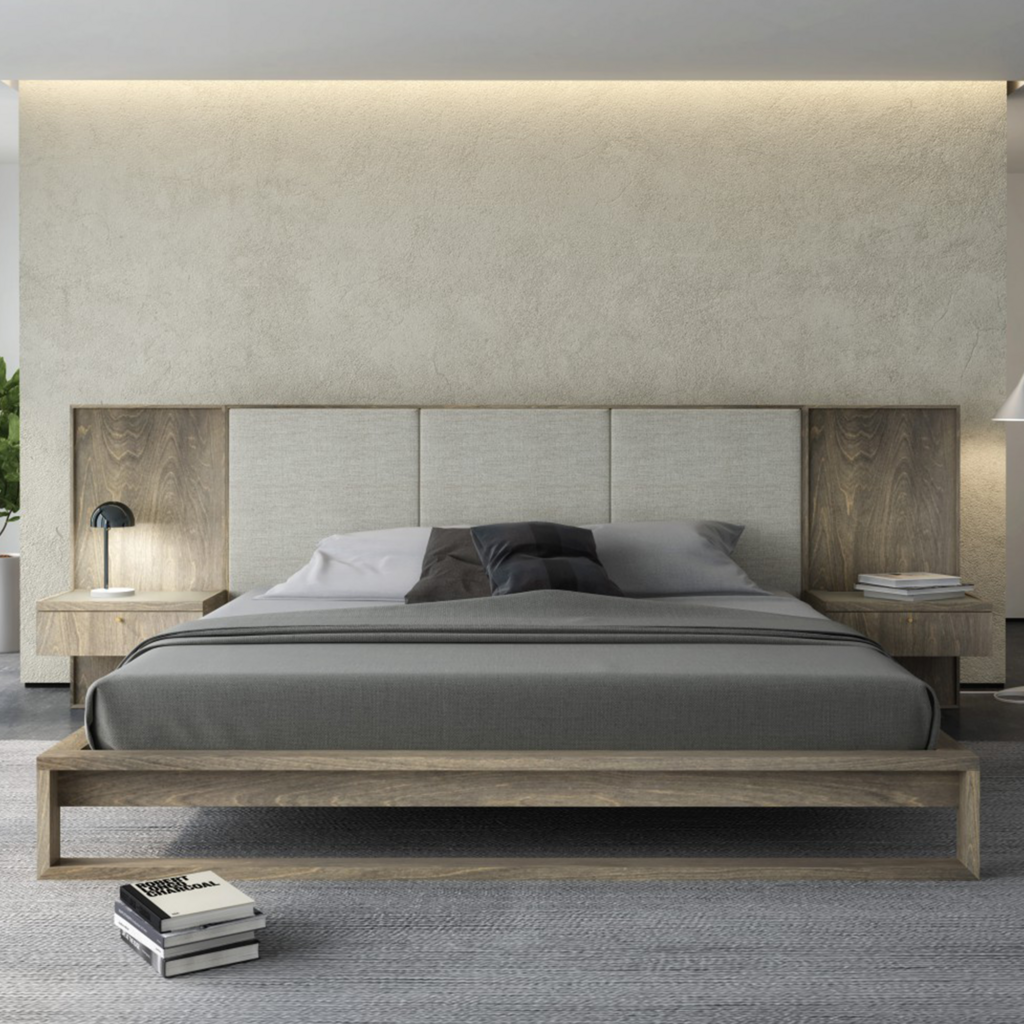 WELLINGTON UPHOLSTERED HEADBOARD BIRCH BED EXTENDED w/ NIGHTSTANDS By HUPPE