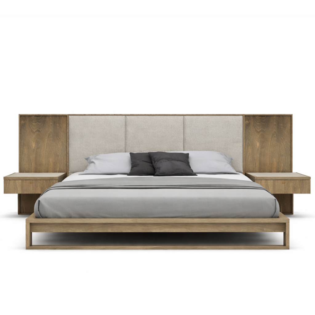 WELLINGTON UPHOLSTERED HEADBOARD BIRCH BED EXTENDED w/ NIGHTSTANDS By HUPPE