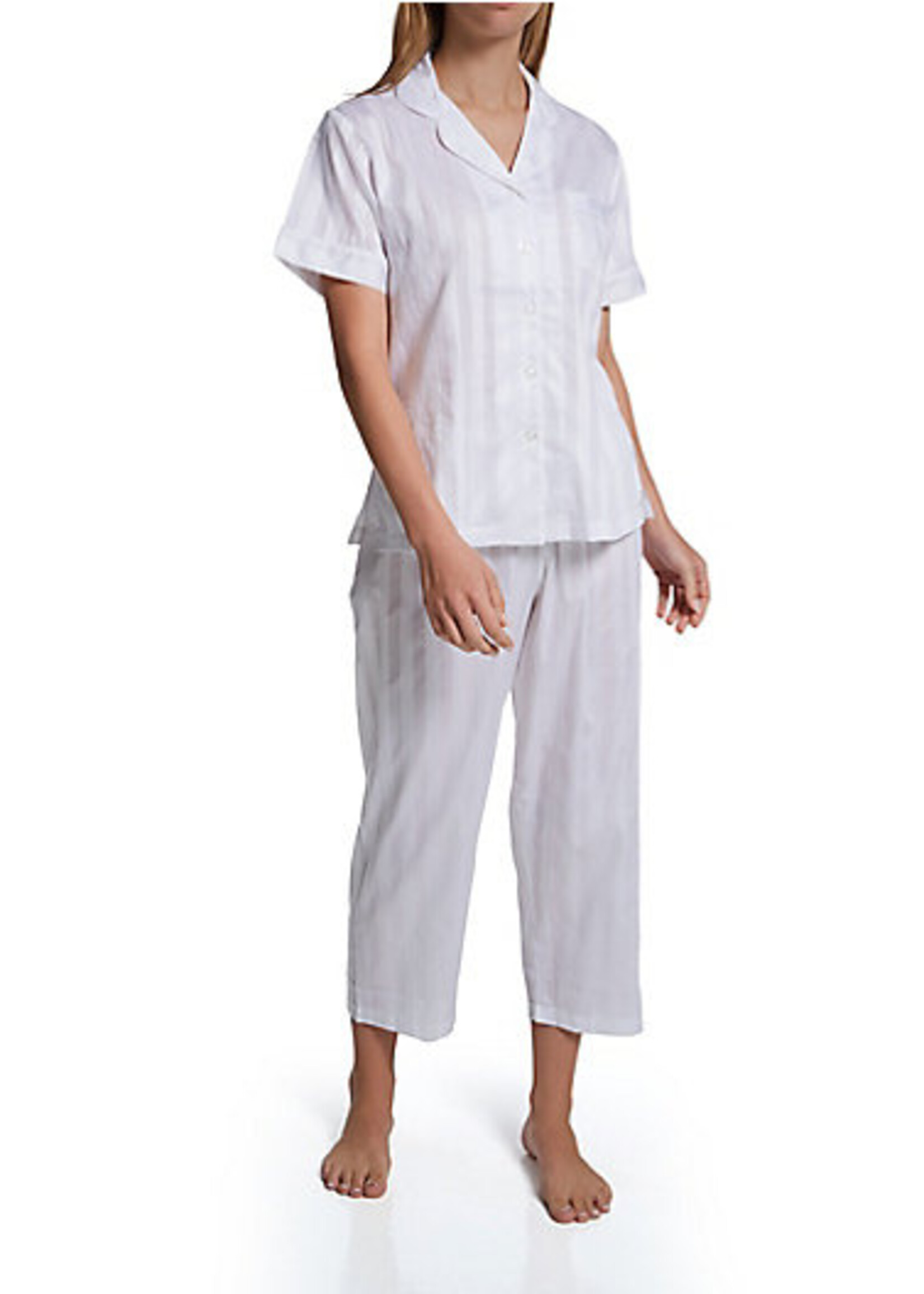 P. Jamas Tina Satin Stripe Short Sleeve Cropped Pant Pajama Set