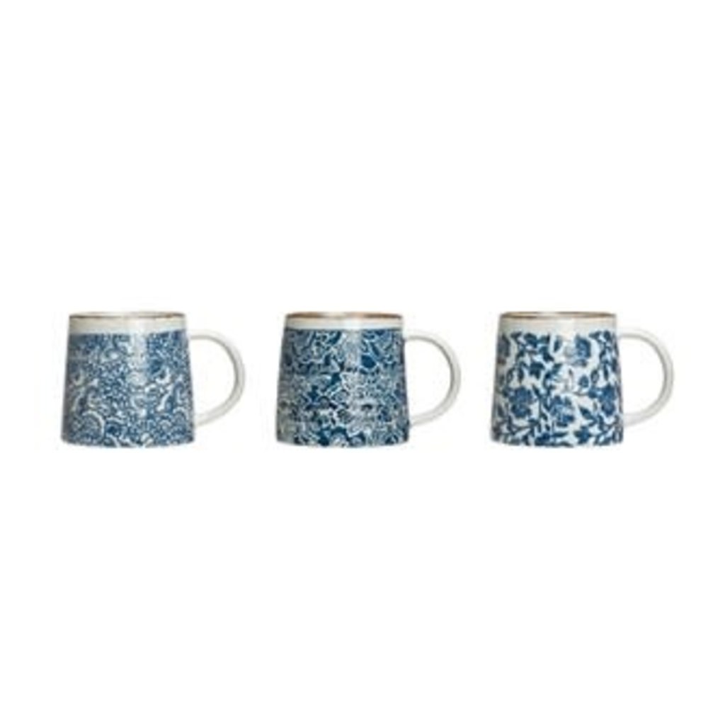 Creative Coop Hand-Stamped Stoneware Mug - Blue & White (3 Styles)