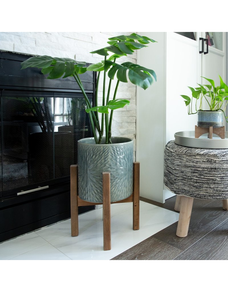Faire Sunburst Ceramic Planter On Wood Stand - Large