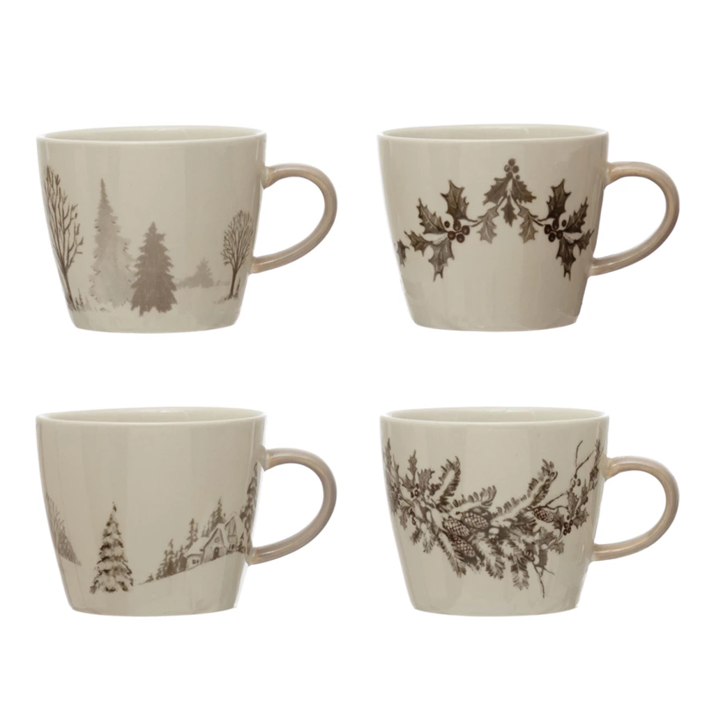 Creative Coop Stoneware Mug - Winter Scene & Garland Styles