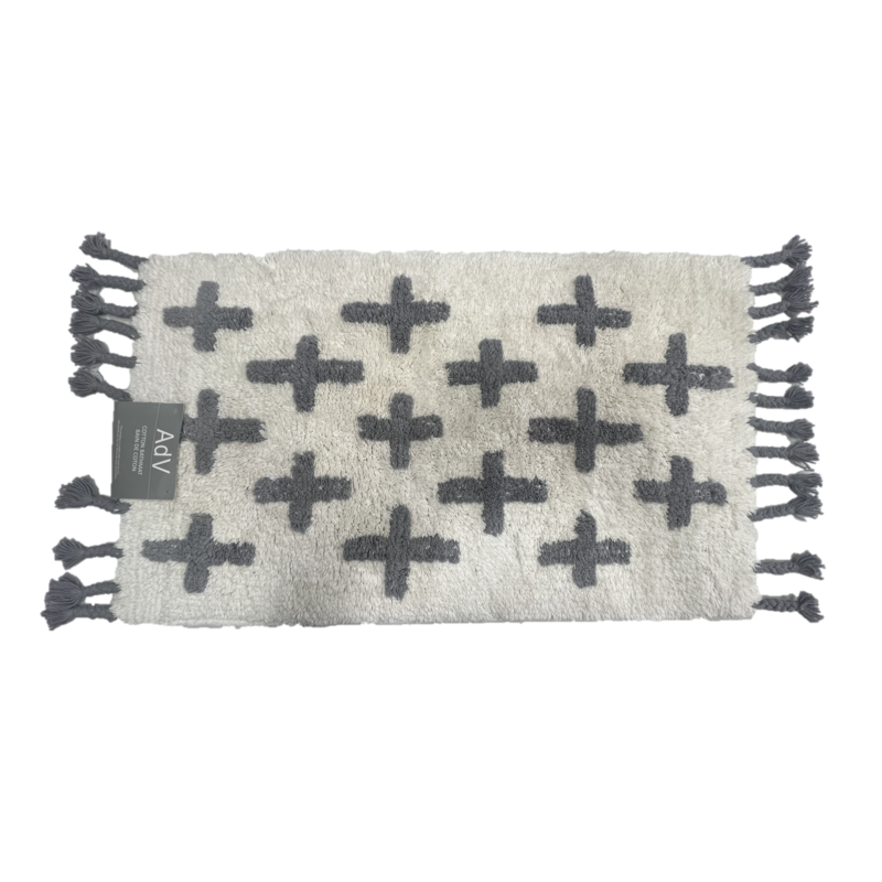 The Pine Centre Cross Bath Mat w/ Tassels - Cream/Grey