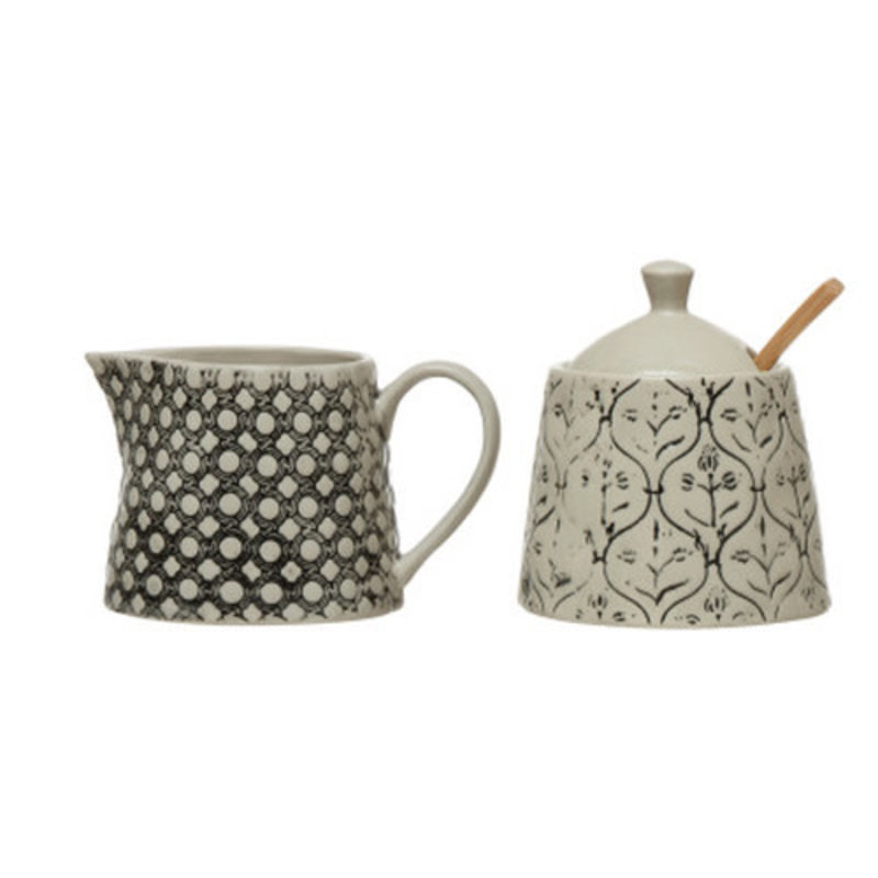 Creative Coop Stoneware Cream & Sugar Set w/ Embossed Pattern - Black & Cream