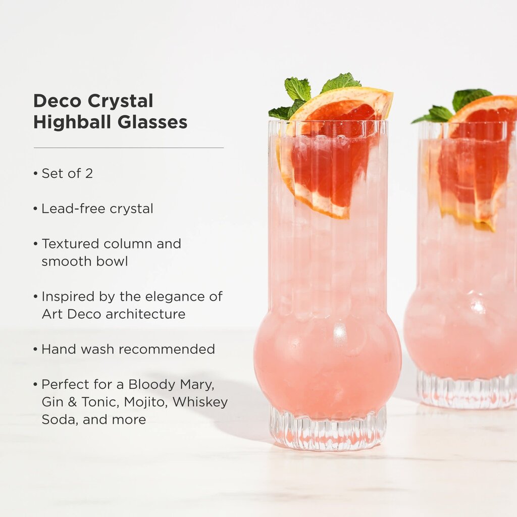 True Brands Deco Crystal Highball Glasses - Set of 2