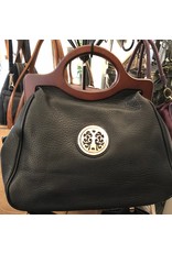 Faux Black Leather Wood Handle Bag