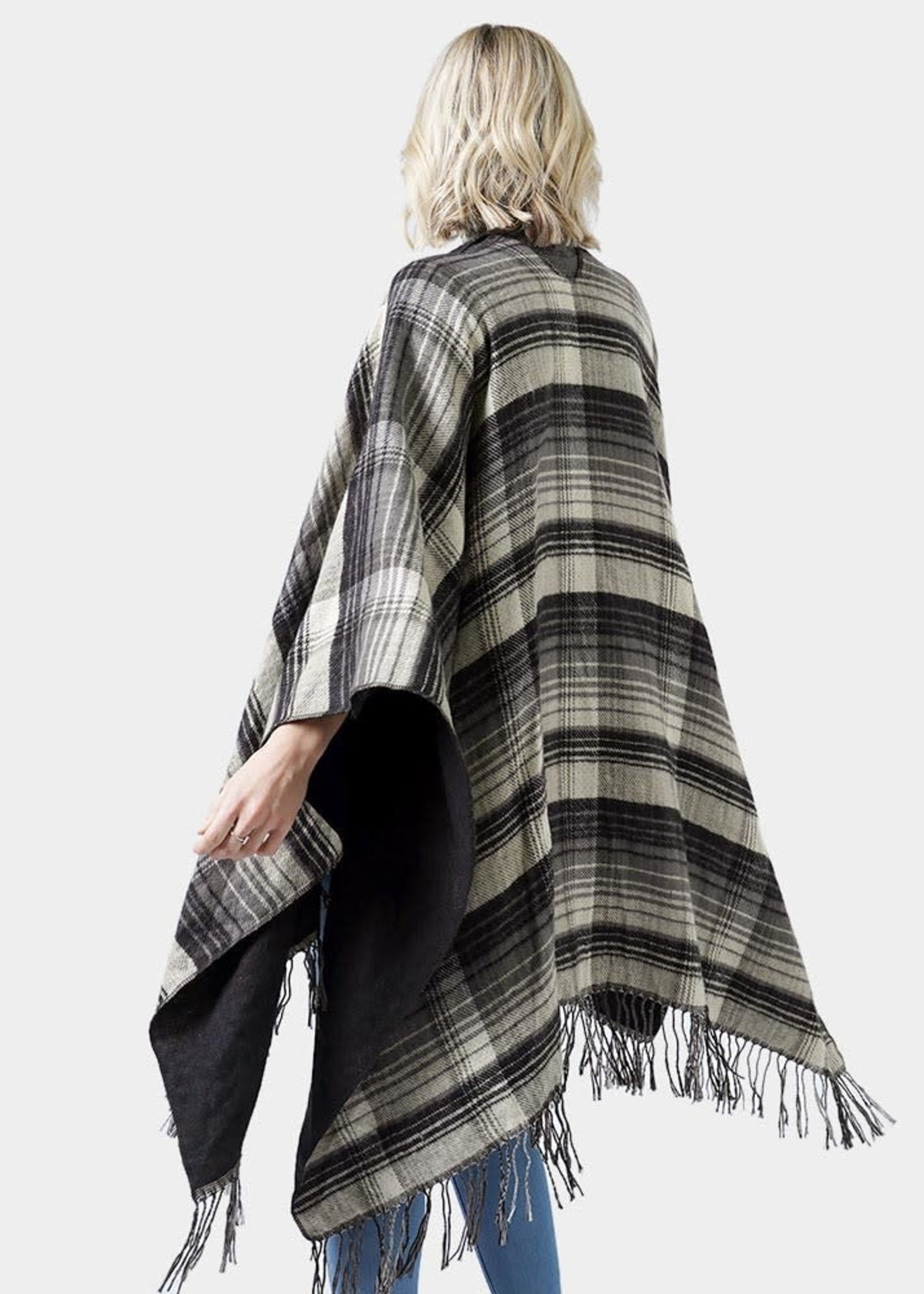 Reversible Plaid Check Patterned Tassel Cape Poncho