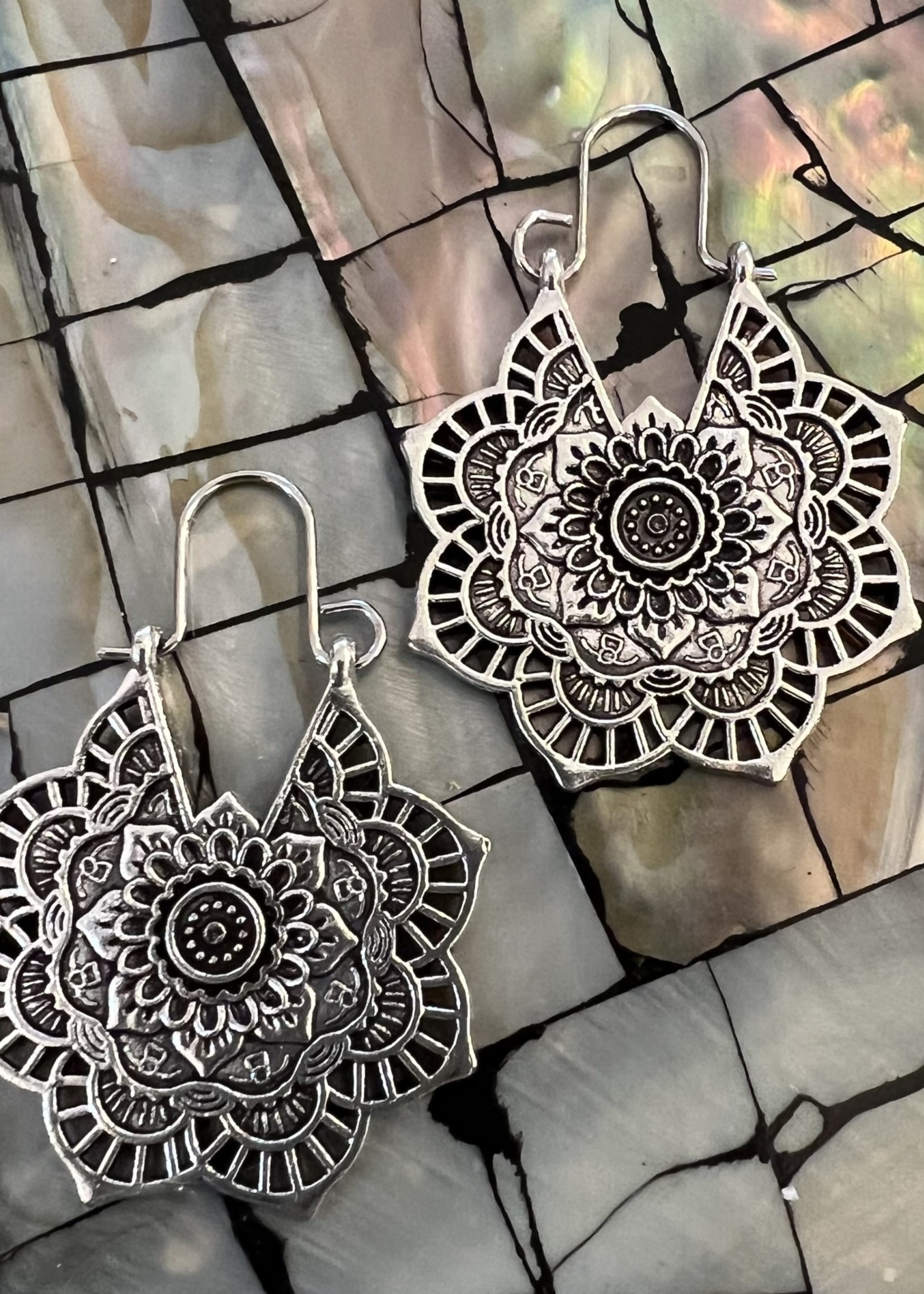 Silver Bohemian Lotus Flower Hoop Earrings