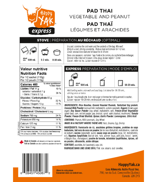 HAPPY YAK VEGETABLE AND PEANUT PAD THAI (220 G)