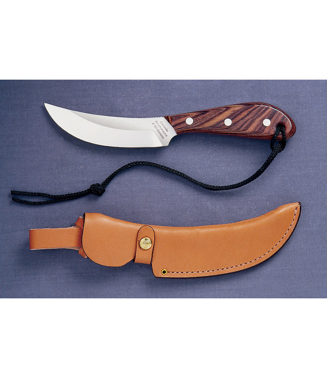 GROHMANN STANDARD SKINNER KNIFE ROSEWOOD-HANDLE FIXED-BLADE  (4" STAINLESS STEEL BLADE) W/ LEATHER SHEATH