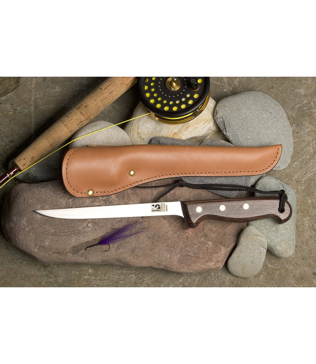 GROHMANN FILLET KNIFE ROSEWOOD-HANDLE  (7" STAINLESS STEEL BLADE) W/ LEATHER SHEATH