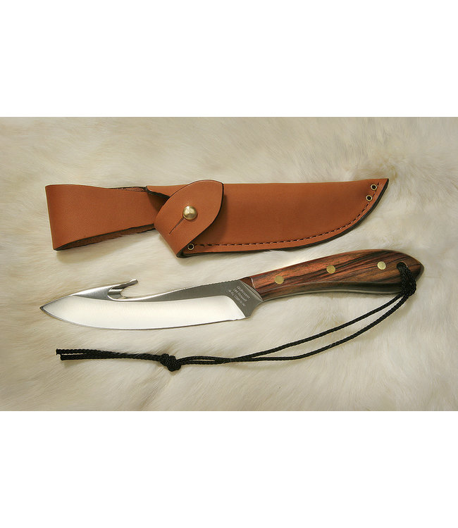 GROHMANN SURVIVAL W/GUT HOOK KNIFE ROSEWOOD-HANDLE FIXED-BLADE (5.5" STAINLESS STEEL BLADE) W/ LEATHER SHEATH