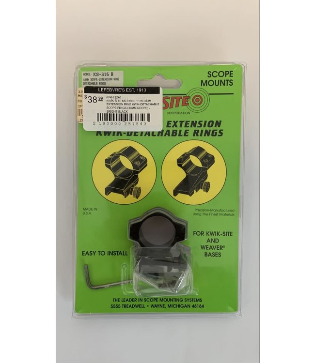KWIK-SITE KS-316B - 1" MEDIUM EXTENSION RING KWIK-DETACHABLE SCOPE RINGS (44MM SCOPE) - BRIGHT BLACK