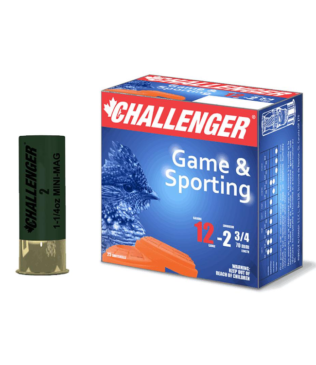 CHALLENGER 12 GAUGE - 1-1/4 OZ - 1-3/4" #2 SHOT MINI MAG (25 SHOTSHELLS)