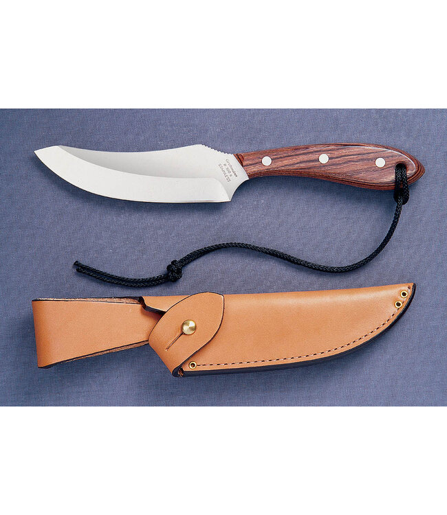 GROHMANN LARGE SKINNER KNIFE ROSEWOOD-HANDLE FIXED-BLADE  (5" STAINLESS STEEL BLADE) W/ LEATHER SHEATH