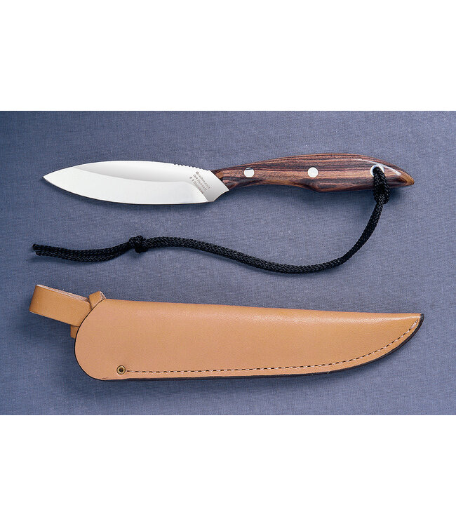 GROHMANN ORIGINAL DESIGN ROSEWOOD-HANDLE FIXED-BLADE HUNTING KNIFE (4" SATIN STAINLESS STEEL BLADE) W/ LEATHER SHEATH