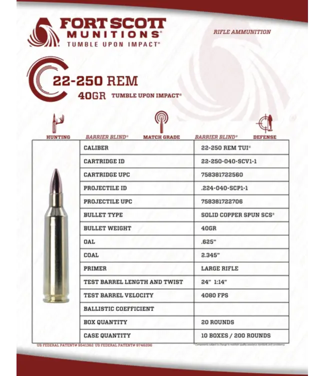 FORT SCOTT MUNITION 22-250 TUI- 40GR SOLID COPPER AMMUNITION (20 ROUNDS)