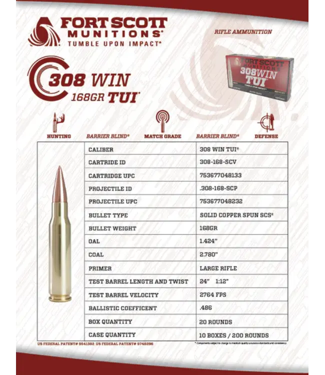 FORT SCOTT MUNITION .308 TUI- 168GR SOLID COPPER AMMUNITION (20 ROUNDS)