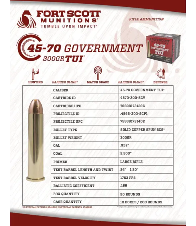 FORT SCOTT MUNITION 45-70 TUI- 300GR SOLID COPPER AMMUNITION (20 ROUNDS)