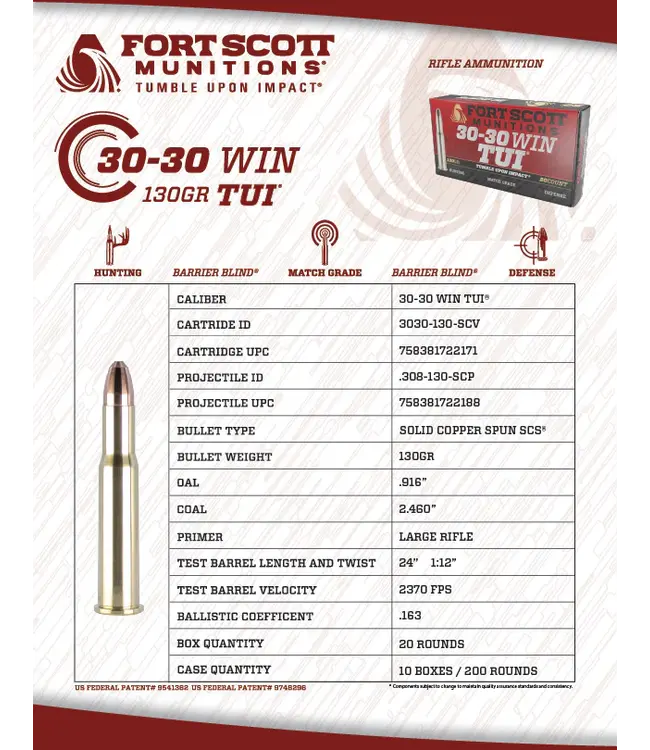 FORT SCOTT MUNITION 30-30 TUI- 130GR SOLID COPPER AMMUNITION (20 ROUNDS)