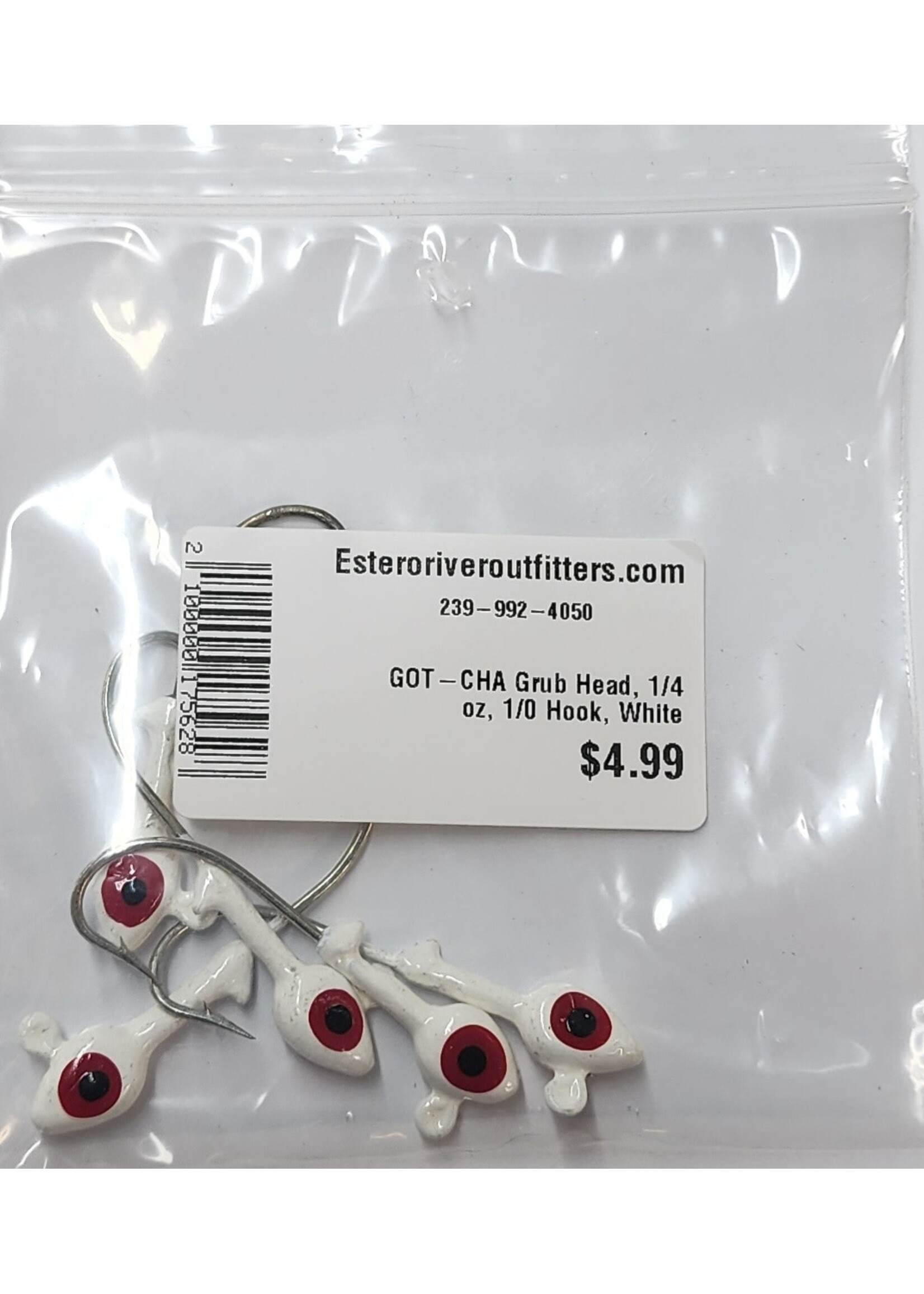 Got-Cha Grub Head, 1/4 oz, 1/0 Hook, White, 5pk