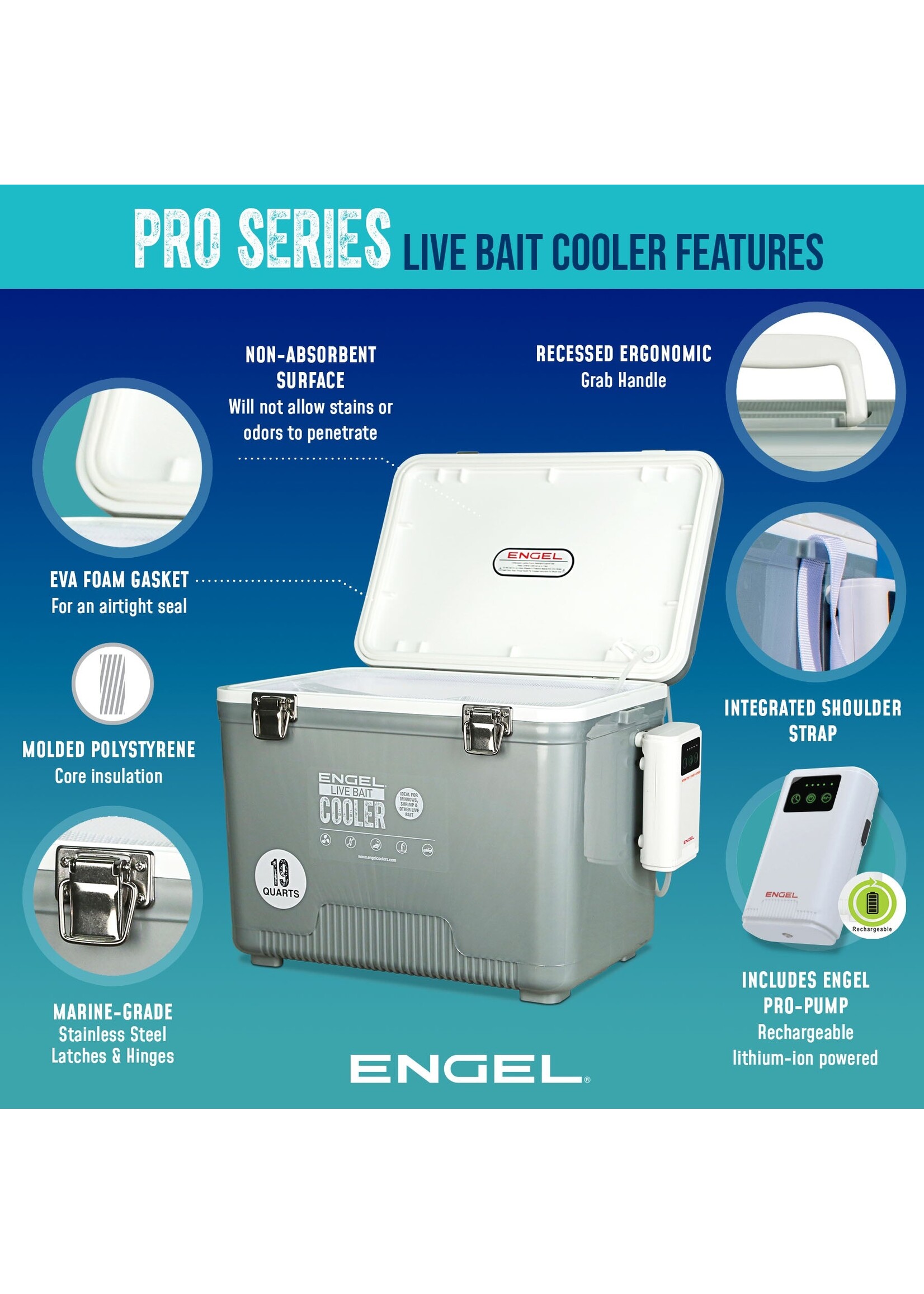 Engel Engel Live Bait 30Qt  AP4 Rechargeable Aerator,  Rod Holders - Silver