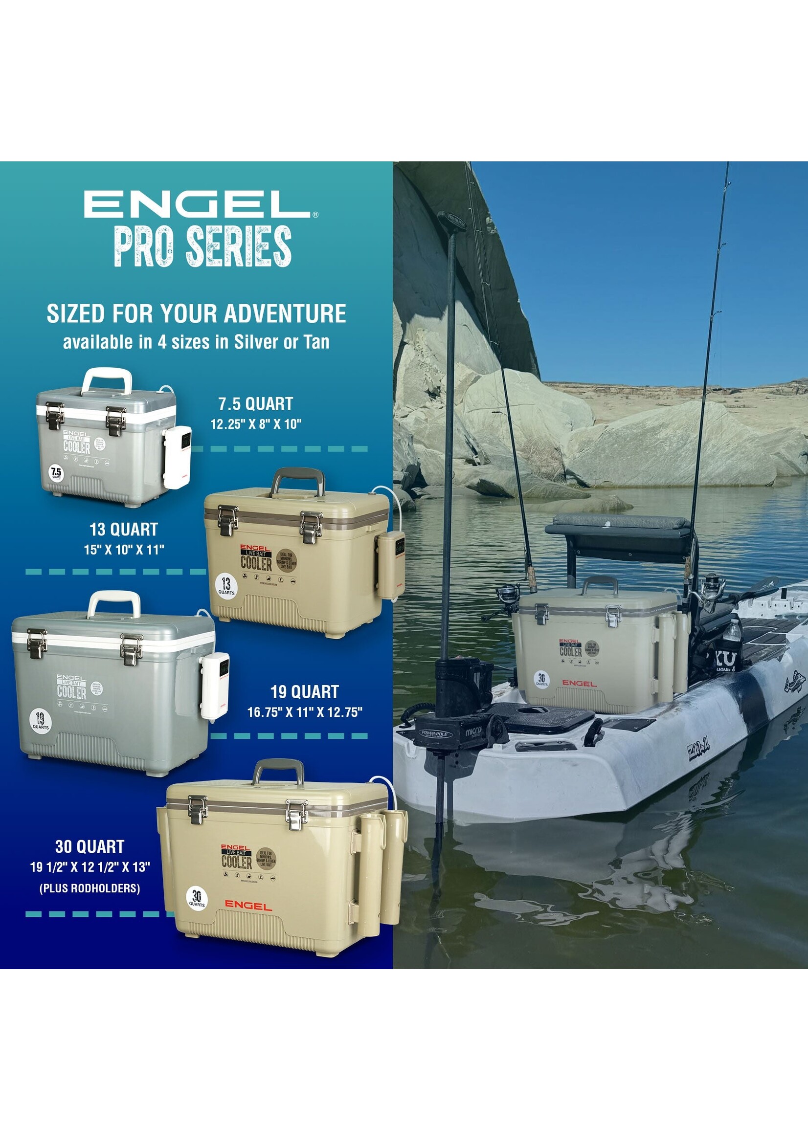 Engel Engel Live Bait 30Qt  AP4 Rechargeable Aerator,  Rod Holders - Silver