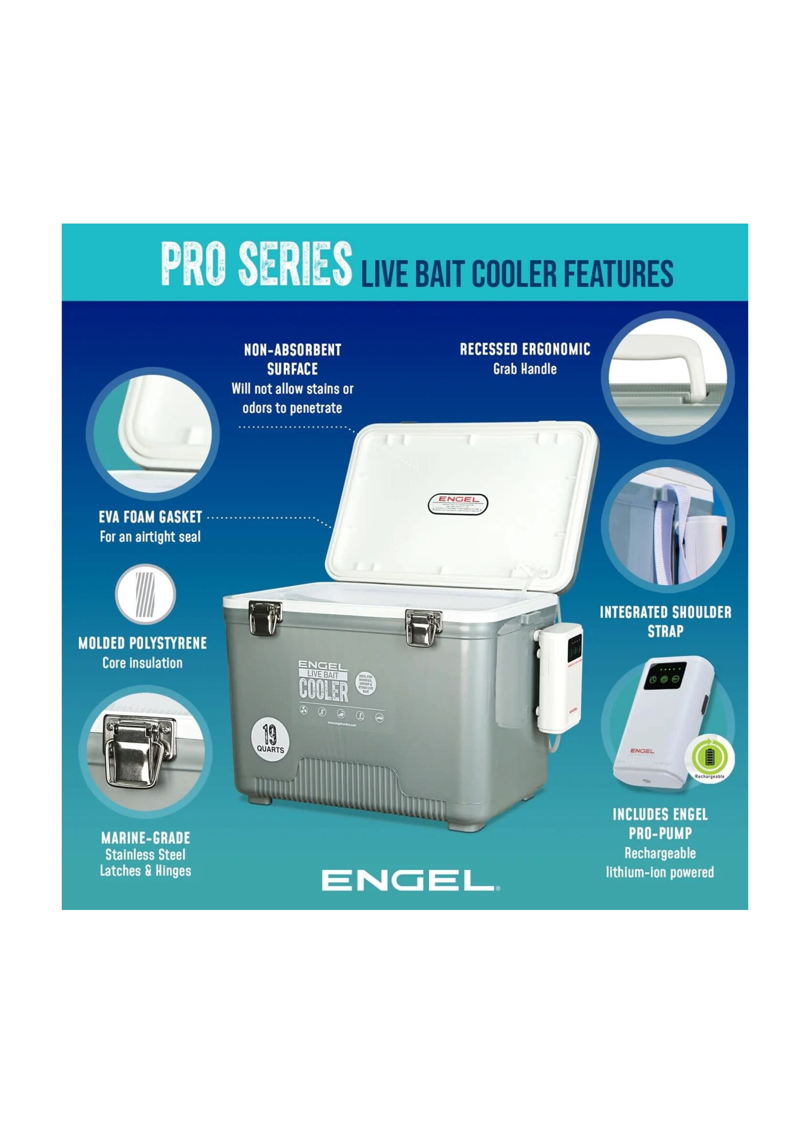 Engel Engel Live Bait 30Qt  AP4 Rechargeable Aerator,  Rod Holders - Silver