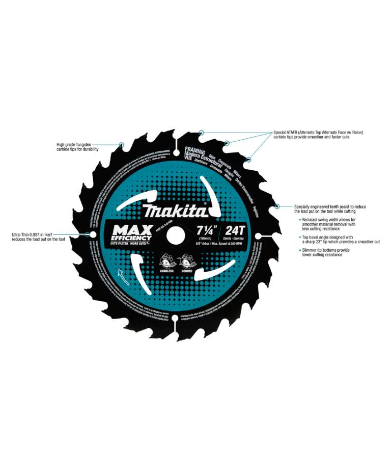 Makita 7‑1/4" 24T Carbide‑Tipped Max Efficiency Circular Saw Blade, Framing