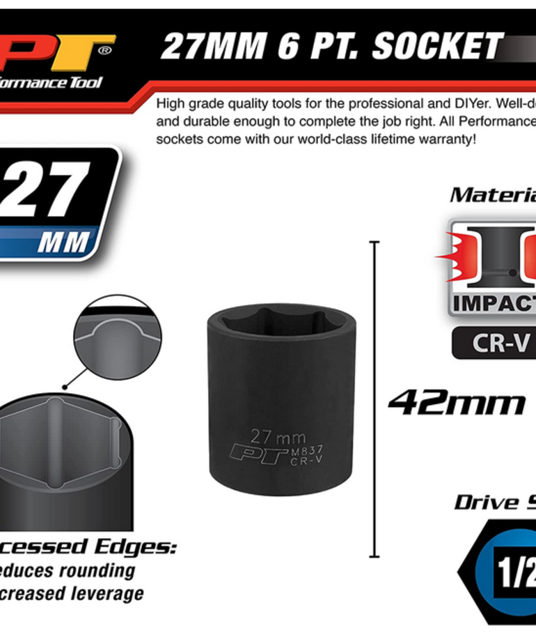 Performance Tool PT 1/2 in. Dr. 27 mm 6pt Impact Socket M837