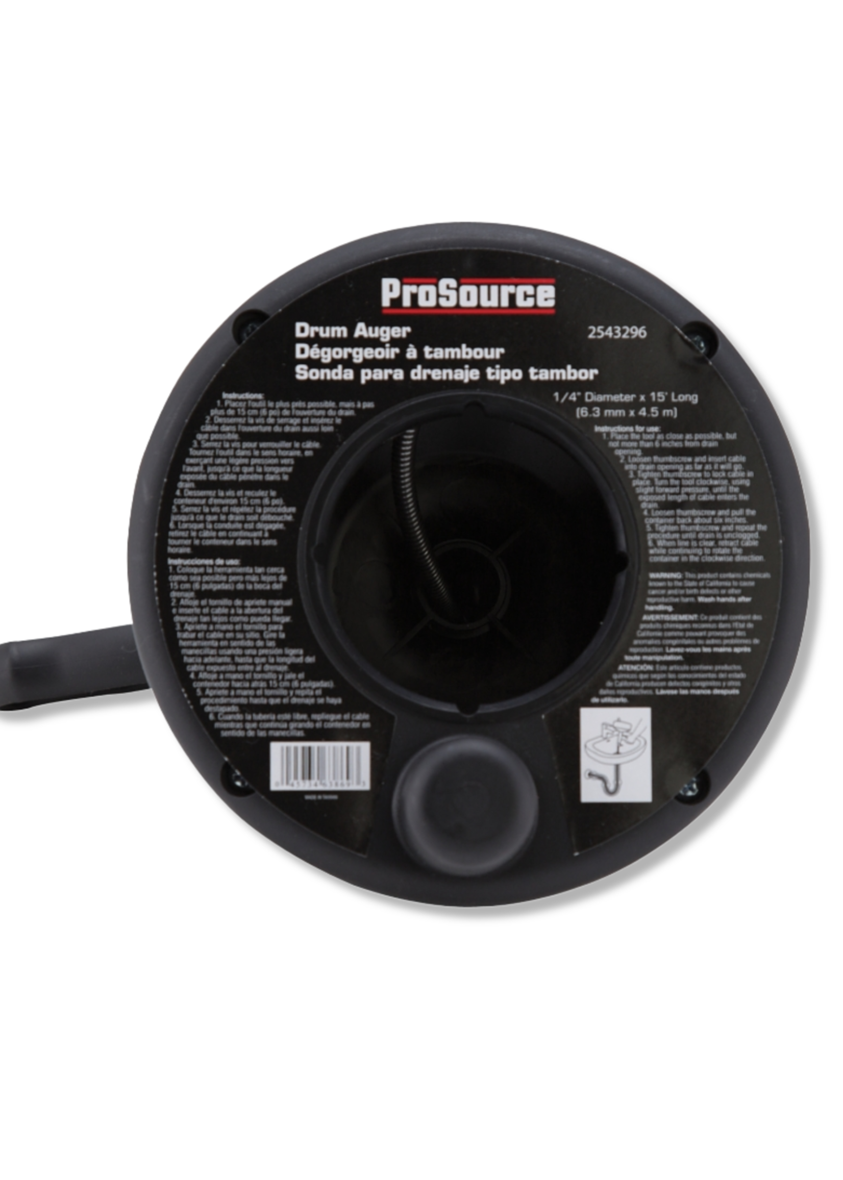 PROSOURCE ProSource  Drum Auger, 1/4 in Dia Cable, 15 ft L Cable