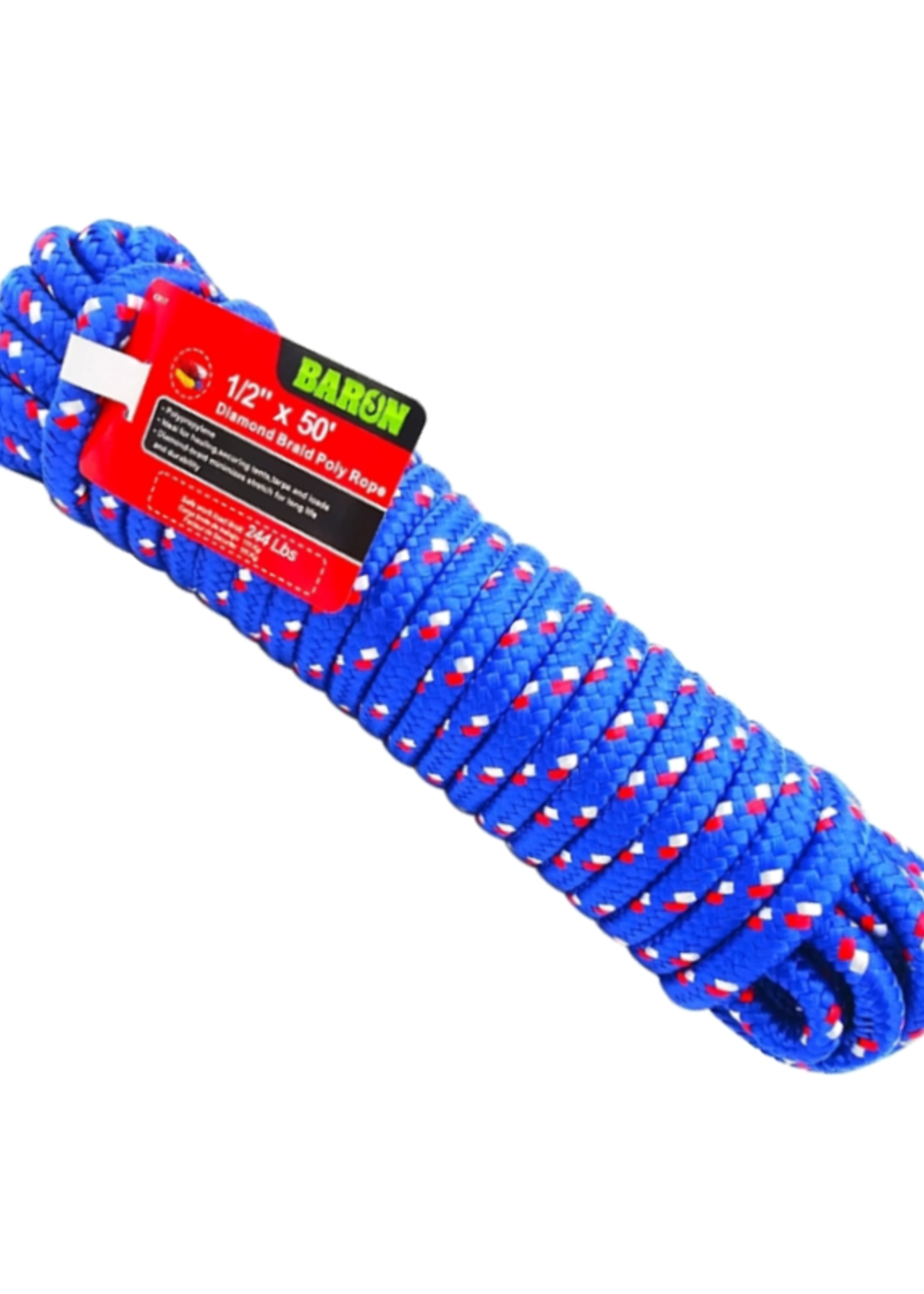 Baron BARON Rope, 1/2 in Dia, 50 ft L, Polypropylene, Blue/Red/White