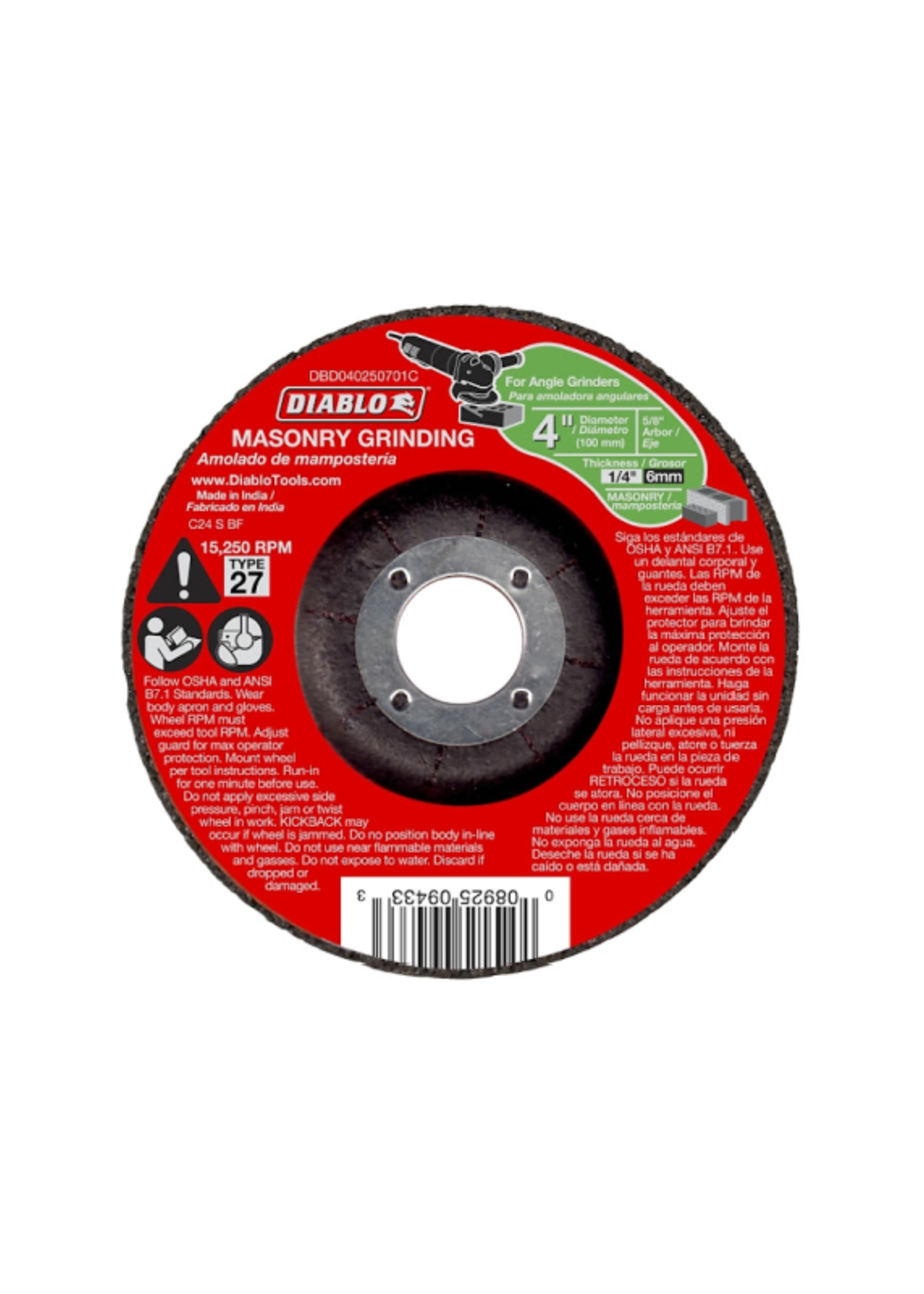 FREUD INC Diablo Masonry Grinding Wheel, 4 in Dia, 1/4 in Thick, 5/8 in Arbor