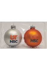GIFT BOX SET OF TWO UTHSC 5/8" ORNAMENTS w/ SILVER PEARL & WILDFIRE VELVET