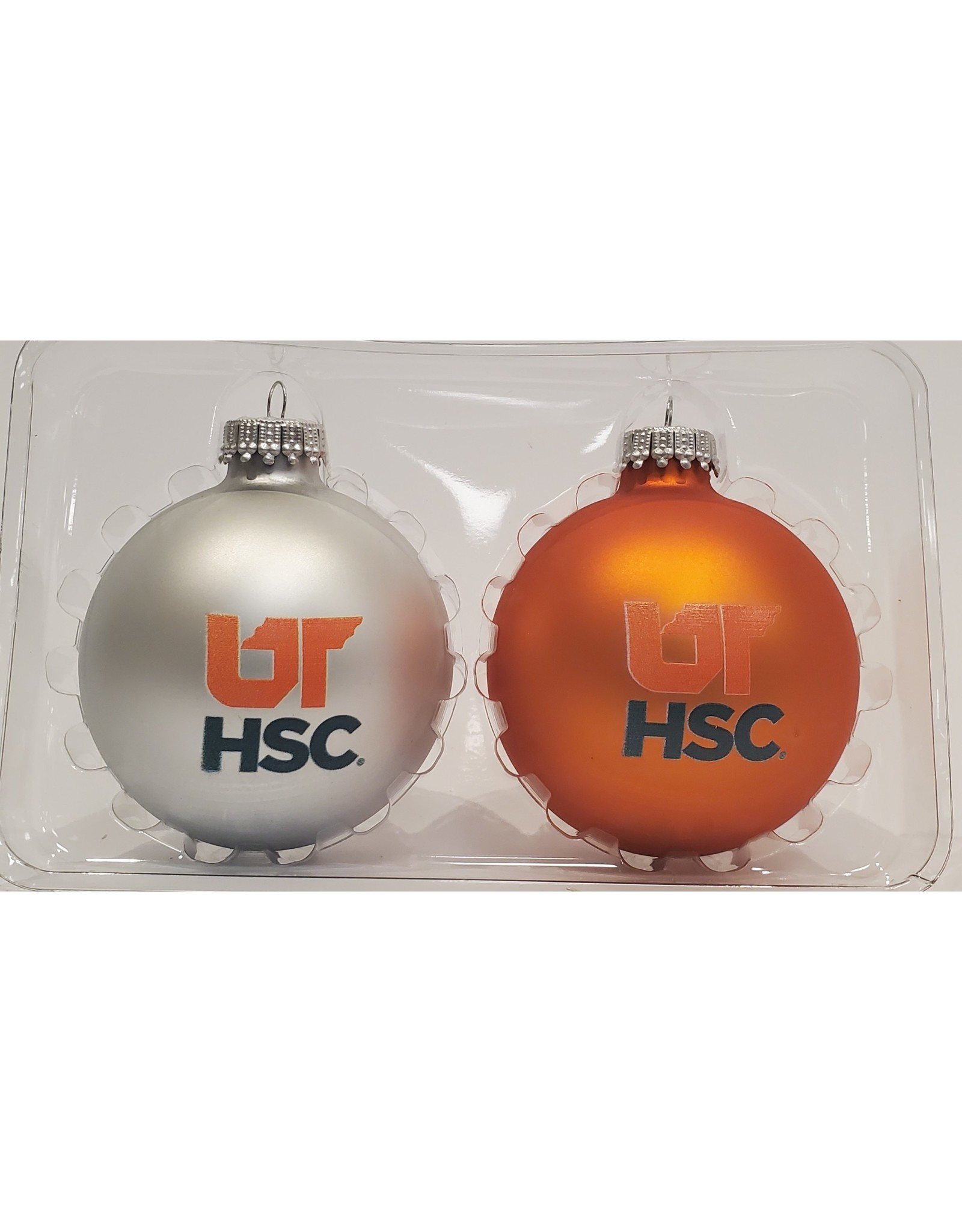 GIFT BOX SET OF TWO UTHSC 5/8" ORNAMENTS w/ SILVER PEARL & WILDFIRE VELVET